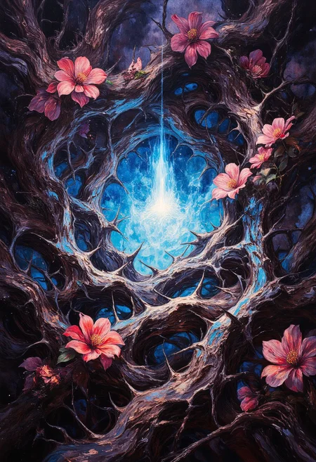 A mesmerizing scene filled with thick, intertwining spiky thorns, filling the entire frame with intricate detail. Nestled within the dense and sharp thorns are vibrant red flowers blooming with an eye-catching glow, their petals radiating life and warmth. At the center of the composition, a luminous blue orb glows softly, casting an ethereal light onto the thorns and flowers, creating a stark contrast between the sharp, dark spikes and the vibrant colors. The lighting enhances the orb’s radiance and adds a magical, mysterious ambiance to the image.