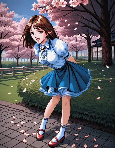 score_9, score_8_up, score_7_up, source_anime, masterpiece, high quality, 1girl,
<lora:ShirakawaReiko_Pony_v01:1> shirakawareiko, brown hair, brown eyes, shirt, puffy sleeves, brooch, skirt, shoes, smile, open mouth, standing, cowboy shot, leaning forward, bent over, outdoors, cherry blossoms, petals, arms behind back,