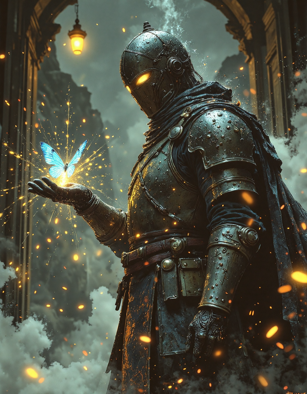 moody digital painting in a dark fantasy style, heavily emphasizing atmospheric rain. Picture a knight in full plate armor, helmet obscuring their face, standing in a rain-soaked environment. The knight's armor is dark metal and appears to be weathered and wet. They are holding out a hand, and resting on their fingertips is a glowing, bright blue butterfly. The background is blurred but suggests dark, rocky cliffs and more rain falling. The scene is lit softly, with the butterfly being the primary light source, contrasting against the dark, rainy setting. The overall mood is melancholic yet hopeful, with a strong focus on the contrast between the knightâs harshness and the butterflyâs fragility, <lora:Vibrantly_Dark_style_v.1:0.5>, <lora:anhei_first_flux_lora_v1:0.4>, <lora:FantasyWizardWitchesFluxV2-000001:0.8>, <lora:aidmaMJ6.1_v0.5_3:0.6>