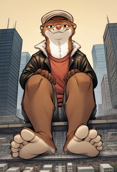 score_9, score_8_up, score_7_up, score_6_up, score_5_up, score_4_up, solo, source_furry, 1boy, city, smile, full body, seductive expression, solo, k-9
,
W33kly_BS, Weekly, Anthro Weasel, Lesser Weasel, brown weasel, brown fur, white chin, white neck, white inner ear, black eyebrows, black eyes, pink nose, whiskers, shortstack, tan hat, flat cap, leather jacket, flight jacket, fleece collar, red sweater, khakis,
,
plantigrade, three toes, feet with three toes
,
(Sitting:1.4), big feet, (macro, giant), looking at viewer, from below, feet focus, low-angle view, soles
