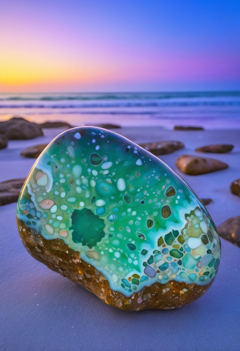 soaked_tea_brand, macro photo of an ocean jasper polished large stone, light pink, deep sea-green,  lilac, and light-blue heavenly pattern that resembles sunset clouds over ocean, surrounded by tidepools on a rocky tropical beach shoreline at sunset, perfect composition, backlighting, ethereal, golden hour, vibrant colors, sparkling stone, professional lighting, glowing from within <lora:MJ52:.6>