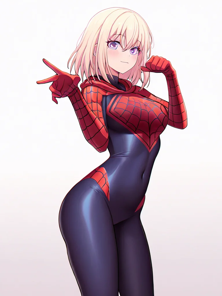 masterpiece,best quality,amazing quality,very aesthetic,absurdres,<lora:misumi_uika_ill_sdxl:1>,misumi_uika,sidelocks,<lora:spider-gwen_ill_sdxl:1>,hooded_bodysuit,superhero_costume,undercut,spider-man pose,skin_tight,white background,