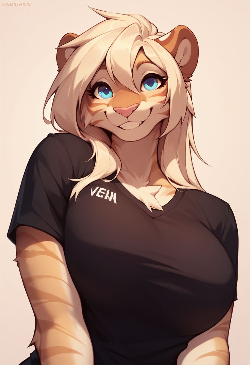 score_9, score_8_up, score_8, 1girl, anthro tiger, blonde hair, blue eyes, pink nose, beige fur, striped fur, large breasts, smooth, smiling, cute look, Black jersey shirt, portrait, posing