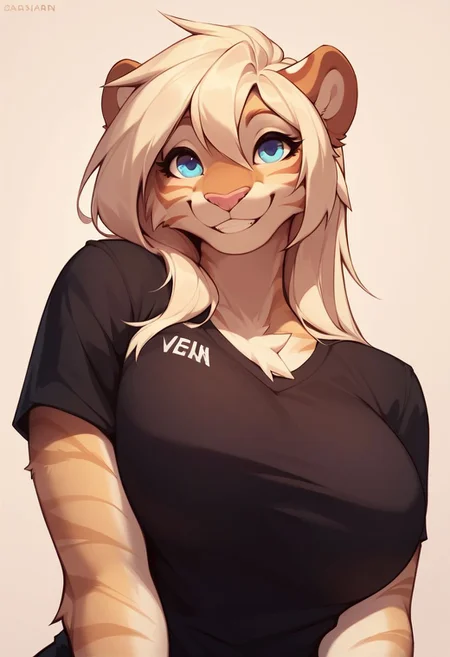 score_9, score_8_up, score_8, 1girl, anthro tiger, blonde hair, blue eyes, pink nose, beige fur, striped fur, large breasts, smooth, smiling, cute look, Black jersey shirt, portrait, posing