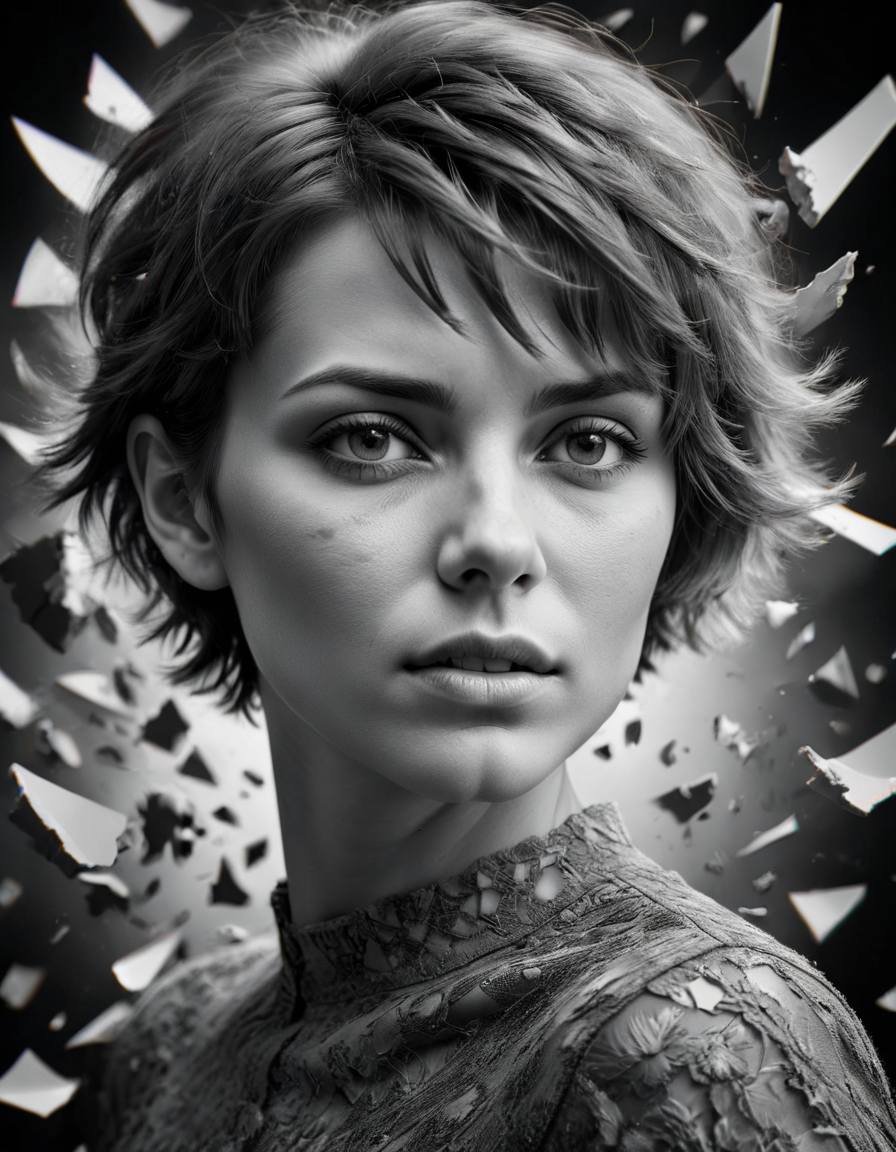 masterpiece, best quality, HDR, (monochrome:1.05) portrait of a woman, face shot, short hair, BREAK, (vivid polychromatic kaleidoscopic background),, made of ral-vlntxplzn <lora:ral-vlntxplzn-sdxl:1>