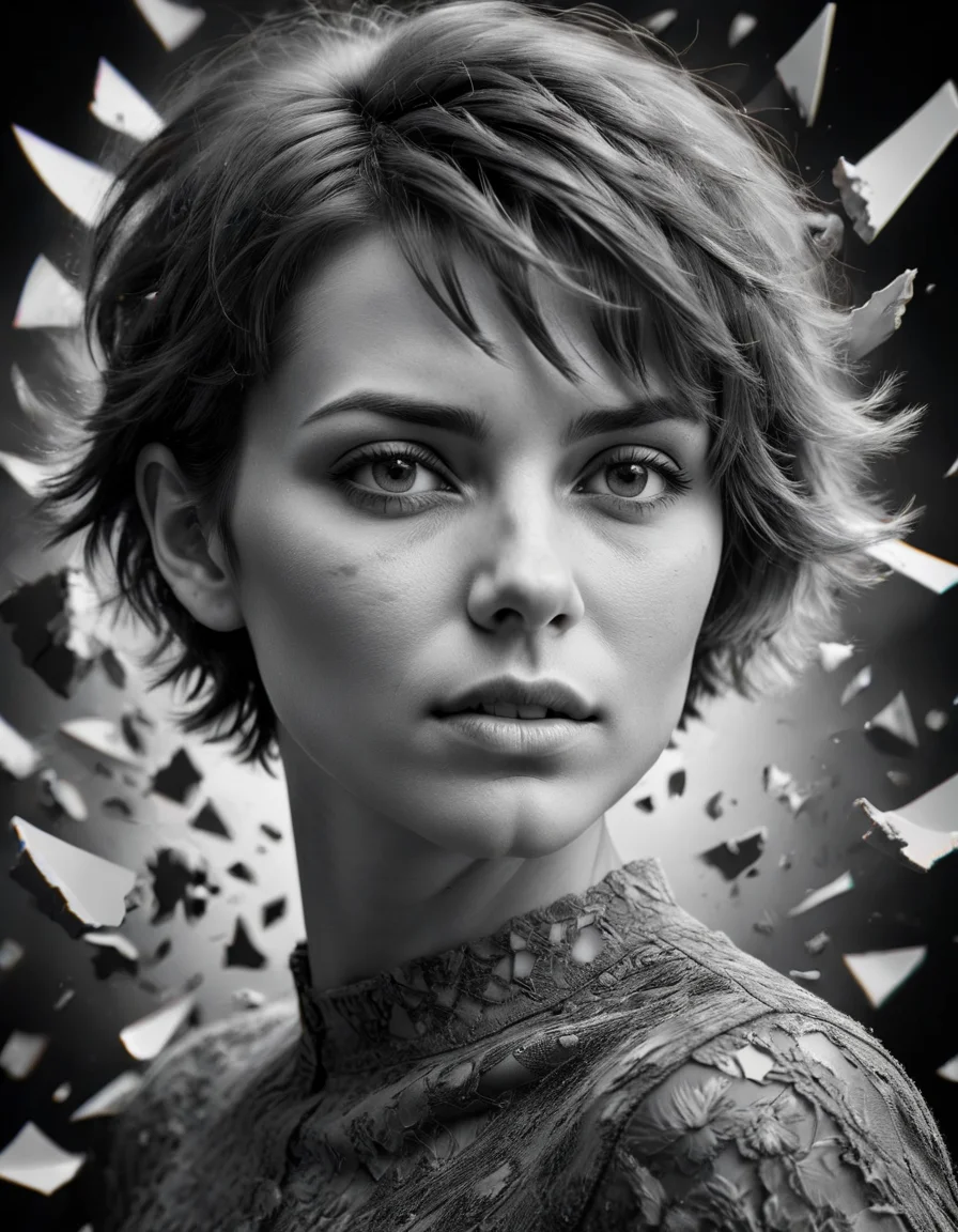masterpiece, best quality, HDR, (monochrome:1.05) portrait of a woman, face shot, short hair, BREAK, (vivid polychromatic kaleidoscopic background),, made of ral-vlntxplzn <lora:ral-vlntxplzn-sdxl:1>