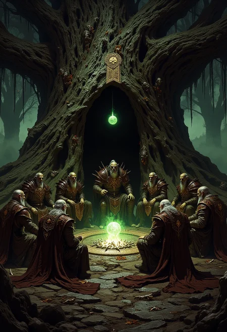 detailed renaissance oil painting, masterpiece, FredFraiStyle, chiascuro, silhoutetted, directional lighting, masterpiece, perfect composition, perfect hands, cowboy shot,
A massive ancient oak tree with a hollowed-out trunk, serving as the meeting place for a secret council of orc and human elders. The elders sit in a circle within the tree’s hollow, illuminated by a single floating orb of green light. Each elder wears ceremonial robes adorned with autumn leaves and bones, their faces weathered and wise. The tree’s bark is covered in ancient glyphs that glow faintly, as if listening to the meeting. The vibe is somber and secretive, the air thick with the weight of decisions that will affect the balance of magic in the land.