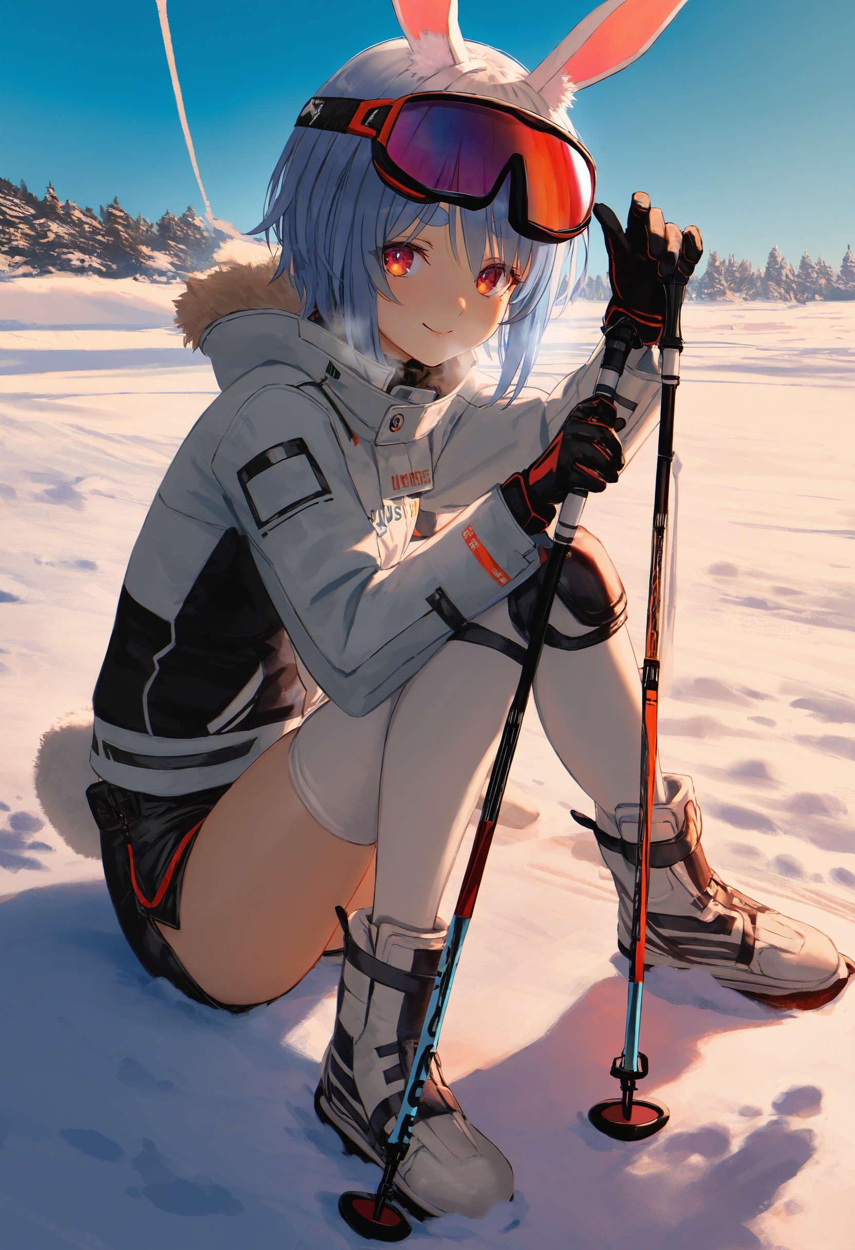 by [lack|fuzichoco|lam|kinta \(distortion\)|wlop|quasarcake|nixeu|happoubi jin|miyajima reiji],
1girl, usada pekora, solo, rabbit ears, red eyes, rabbit tail, sitting, looking at viewer, snow, smile, snow, short hair, goggles on head, gloves, full body, white hair, rabbit girl, from side, long sleeves, outdoors, fur trim, two-tone hair, day, boots, knee pads, blue sky, short shorts, white thighhighs, skiis, ski pole, 
very awa, masterpiece, best quality, very aesthetic, absurdres
<lora:illustrious_noobai_epsilon_pred_11_winter_collection_v11:1>