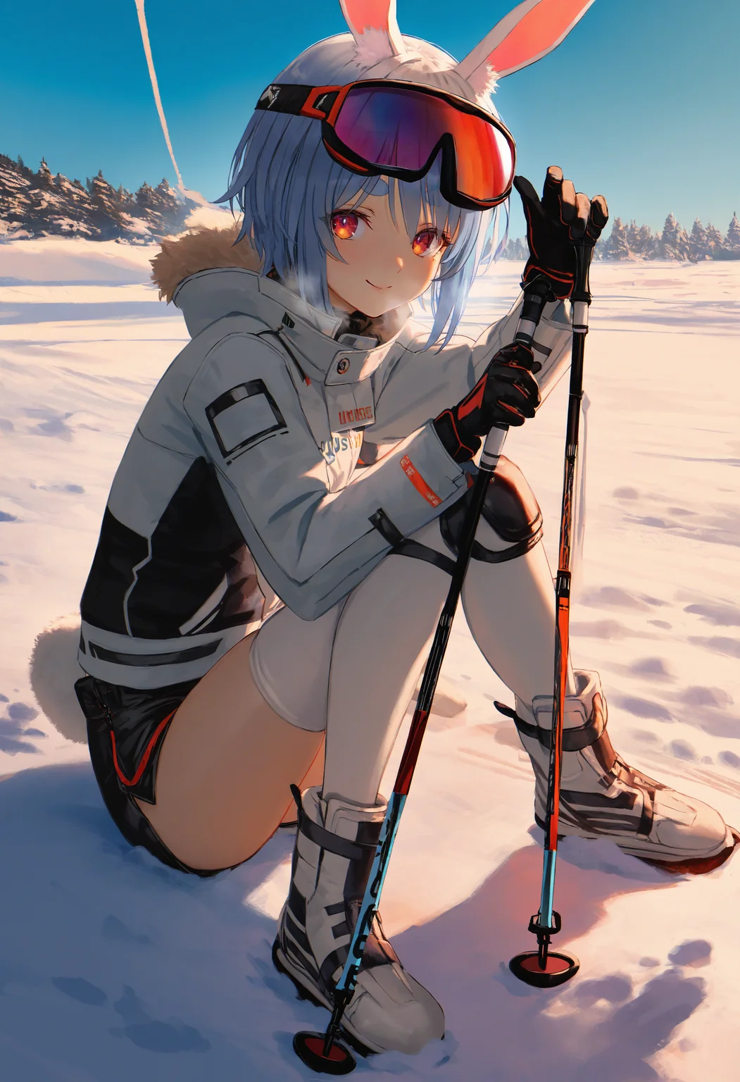 by [lack|fuzichoco|lam|kinta \(distortion\)|wlop|quasarcake|nixeu|happoubi jin|miyajima reiji],
1girl, usada pekora, solo, rabbit ears, red eyes, rabbit tail, sitting, looking at viewer, snow, smile, snow, short hair, goggles on head, gloves, full body, white hair, rabbit girl, from side, long sleeves, outdoors, fur trim, two-tone hair, day, boots, knee pads, blue sky, short shorts, white thighhighs, skiis, ski pole, 
very awa, masterpiece, best quality, very aesthetic, absurdres
<lora:illustrious_noobai_epsilon_pred_11_winter_collection_v11:1>