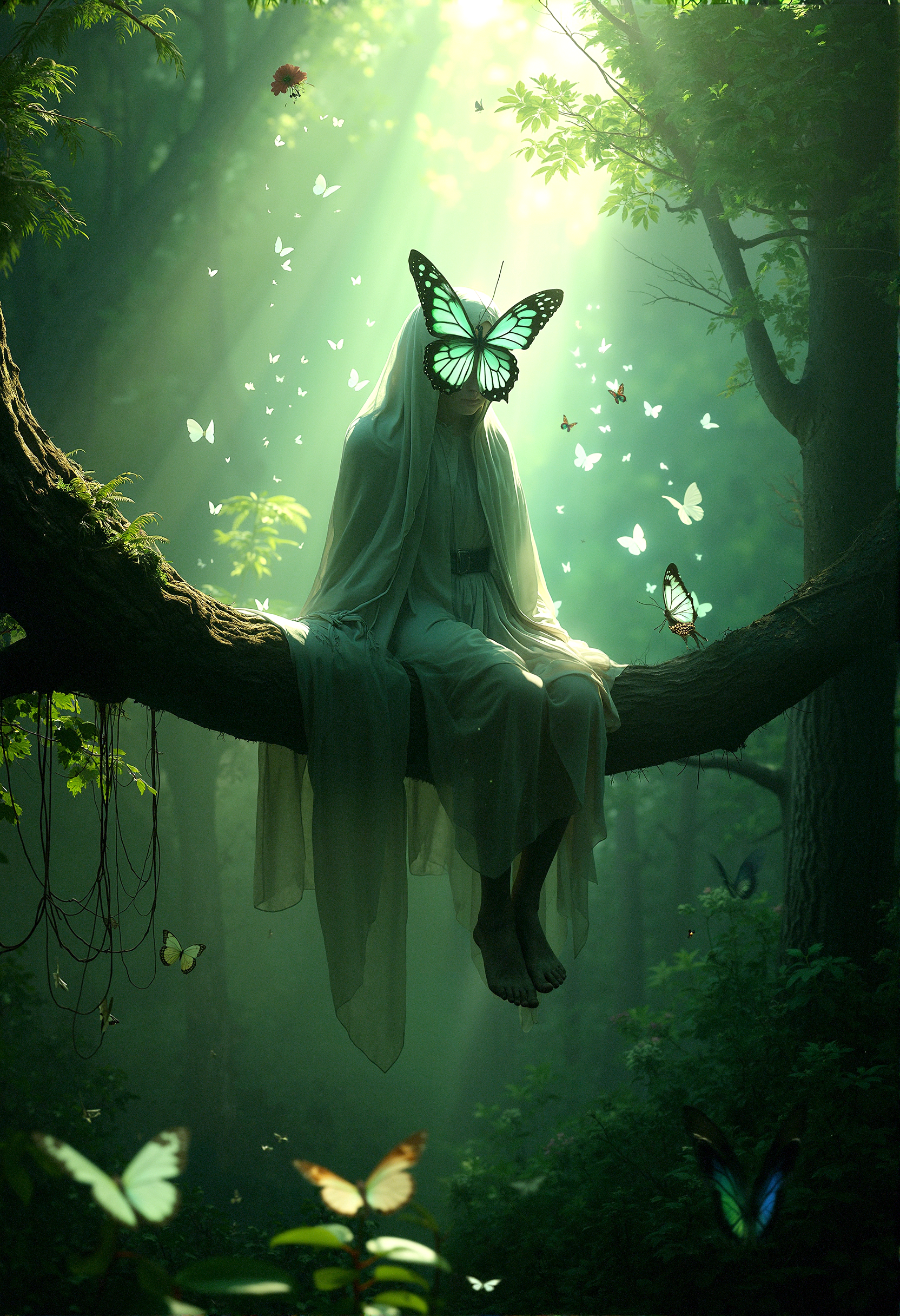 Photorealistic image of a figure with a luminous butterfly mask, draped in a cloak that merges with the forest around it. The scene is set in a sunlit glade, with ethereal butterflies casting delicate light patterns on the figure and the surrounding greenery.

The figure sitting on a tree branch high above the ground, with their legs dangling and a butterfly resting on their knee, surrounded by the dense canopy of the forest. 

An over-the-shoulder shot from behind the figure, capturing their view of the forest and the butterflies, with their glowing face casting light on the scene ahead.

The butterflies arranged in a spiraling pattern around the figure, creating a sense of movement and guiding the viewer’s eye through the composition.The lighting subtly varied in intensity, with soft rays of sunlight breaking through the canopy, creating dynamic highlights and shadows on the figure and the forest.

Close-Up on the Figure’s Face: A tight close-up shot focusing on the glowing butterfly-shaped face, capturing the intricate details and the soft light reflecting off the surrounding butterflies.

cinematic lighting, extremely intricate detail character, accurate depiction of character, correct body anatomy, correct hands and fingers, extremely intricate skin and facial texture detail, design,lifelike potrayal, extrememly realistic lighting, sharp background detail,










