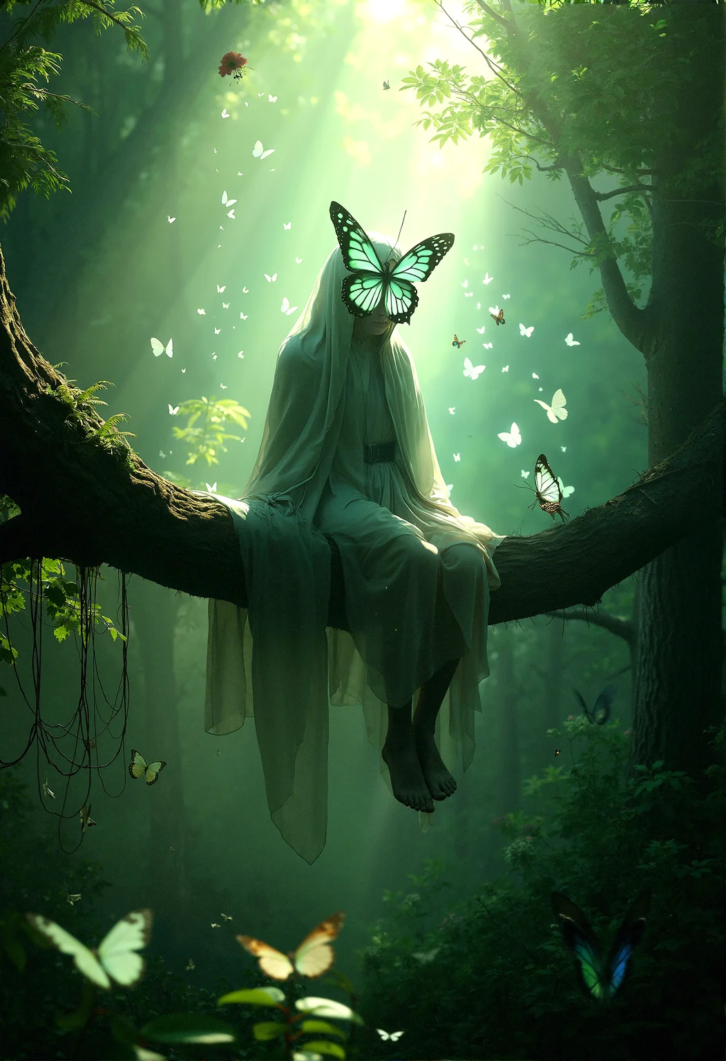 Photorealistic image of a figure with a luminous butterfly mask, draped in a cloak that merges with the forest around it. The scene is set in a sunlit glade, with ethereal butterflies casting delicate light patterns on the figure and the surrounding greenery.
The figure sitting on a tree branch high above the ground, with their legs dangling and a butterfly resting on their knee, surrounded by the dense canopy of the forest.
An over-the-shoulder shot from behind the figure, capturing their view of the forest and the butterflies, with their glowing face casting light on the scene ahead.
The butterflies arranged in a spiraling pattern around the figure, creating a sense of movement and guiding the viewer’s eye through the composition.The lighting subtly varied in intensity, with soft rays of sunlight breaking through the canopy, creating dynamic highlights and shadows on the figure and the forest.
Close-Up on the Figure’s Face: A tight close-up shot focusing on the glowing butterfly-shaped face, capturing the intricate details and the soft light reflecting off the surrounding butterflies.
cinematic lighting, extremely intricate detail character, accurate depiction of character, correct body anatomy, correct hands and fingers, extremely intricate skin and facial texture detail, design,lifelike potrayal, extrememly realistic lighting, sharp background detail,