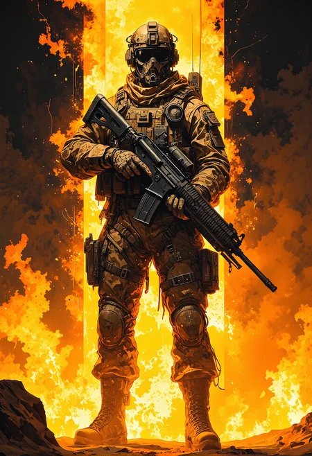 A heroic high-tech soldier from a special operations unit, depicted in an epic and glorifying pose. He stands tall and composed, backlit by intense flames that illuminate his silhouette, casting dramatic shadows across his gear. His advanced combat helmet features integrated goggles and a headset, hinting at cutting-edge communication technology. Clad in a tactical desert outfit in sand tones, he wears a bulletproof vest, rugged combat boots, and reinforced protectors on his arms and legs. He grips a heavy machine gun firmly with both hands, holding it in a relaxed yet battle-ready position. A tactical backpack with a visible radio antenna enhances his gear, emphasizing his role as part of an elite team. The fiery background and the glow outlining his figure amplify the sense of power and resilience, creating an awe-inspiring, action-packed scene. backlit. <lora:Dever_Flux_Enhancer.safetensors:0.5>, <lora:Elden_Ring_-_Yoshitaka_Amano.safetensors:1.0>, <lora:boFLUX digital-abyss.safetensors:0.3>, <lora:boFLUX AbstractMorph.safetensors:1.0>, <lora:RM_Artistify_v1.0M.safetensors:0.7>,