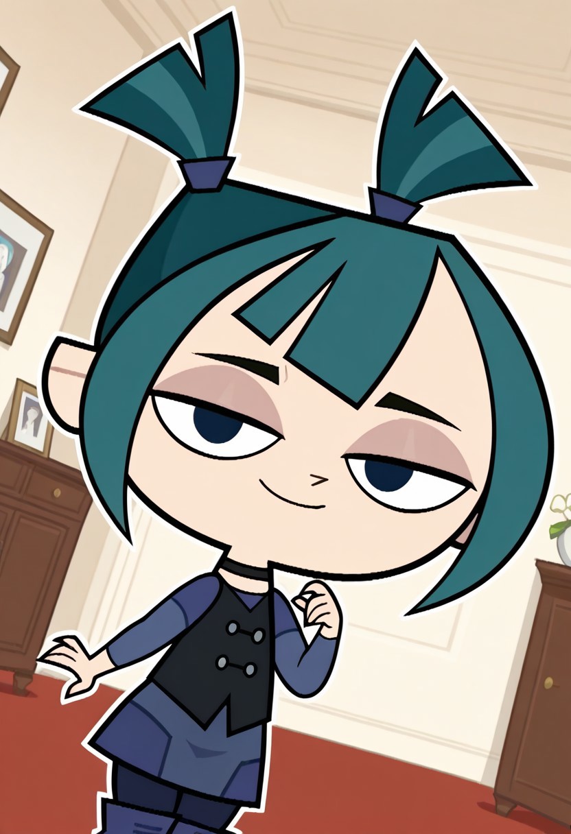 masterpiece, best quality, amazing quality, very aesthetic, absurdres, newest, solo, GwentdrZYN, 1girl, solo, chibi, teal hair, high pigtails, black vest, blue shirt, dress, dark blue pants, blue boots, black choker, black eyes,, cowboy shot, looking at viewer, beautiful, ((beautiful face, beautiful eyes)), Wide Hips, Big thighs, standing,(smile, dutch angle, naughty pose, looking at viewer, indoors, elegant room, solo, dynamic pose, full_body, head tilt,),((white background, White frame, white outline))