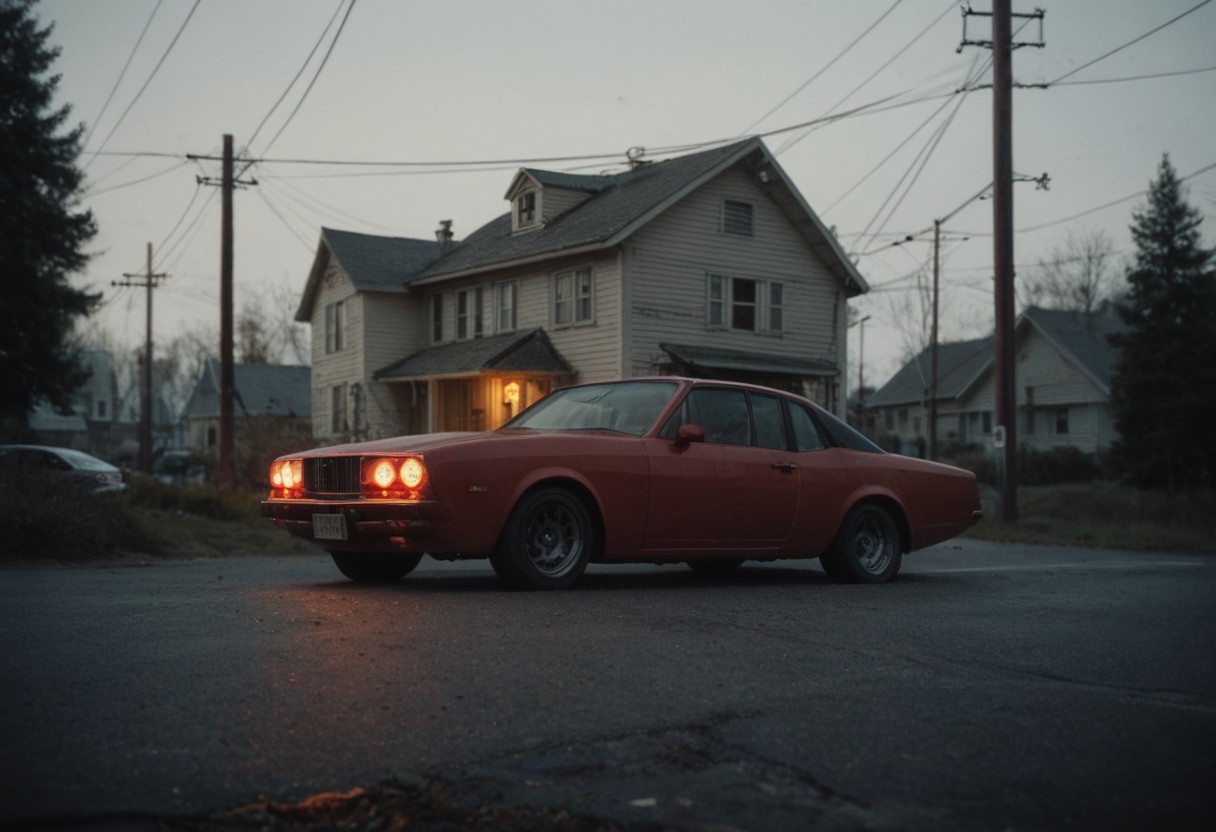 Film Photography, grainy film, 35mm, nostalgic, midwest, glowing, realistic, cinematic shot, outside, haunted, eerie, misty, fluorescent, depth of field, old vintage houses, power lines, 1 glowing red window, fluorescent, mid day, golden hour lighting, small town,
vintage car, 
score_9, score_8_up, score_7_up, POV,