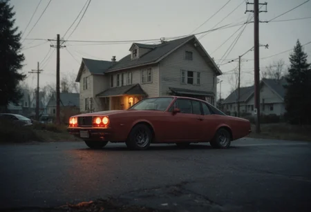 Film Photography, grainy film, 35mm, nostalgic, midwest, glowing, realistic, cinematic shot, outside, haunted, eerie, misty, fluorescent, depth of field, old vintage houses, power lines, 1 glowing red window, fluorescent, mid day, golden hour lighting, small town,
vintage car,
score_9, score_8_up, score_7_up, POV,
