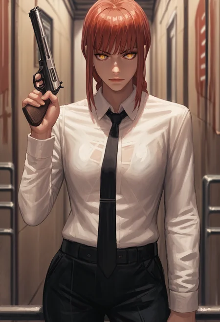 score_9, score_8_up, score_7_up, 1girl, makima \(chainsaw man\), white shirt, necktie, holding weapon, handgun
<lora:guweiz_style_pony:1>