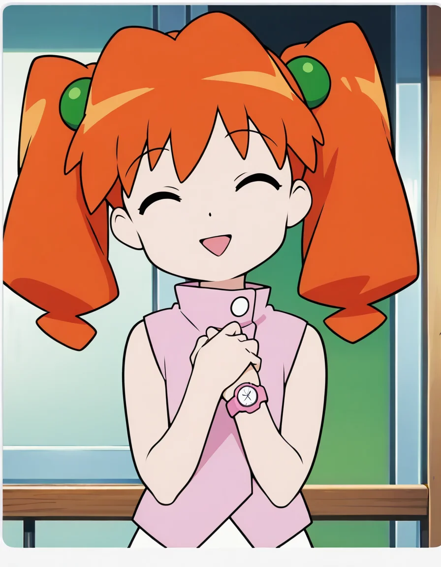 (masterpiece:1.4), (best quality:1.4), very aesthetic,illustration, newest,best quality, amazing quality, very aesthetic, absurdres, 
1 girl,karin_jyunmai,
,twintails, orange hair,female child
pink vest,sleeveless,white skirt,wristwatch,anime screenshot,official art 
 <lora:karin_jyunmai_v4:1>
standing, upper body,,hands on chest,tilt head
smile,closed eyes,looking at viewer,funny,open mouth,triangle mouth