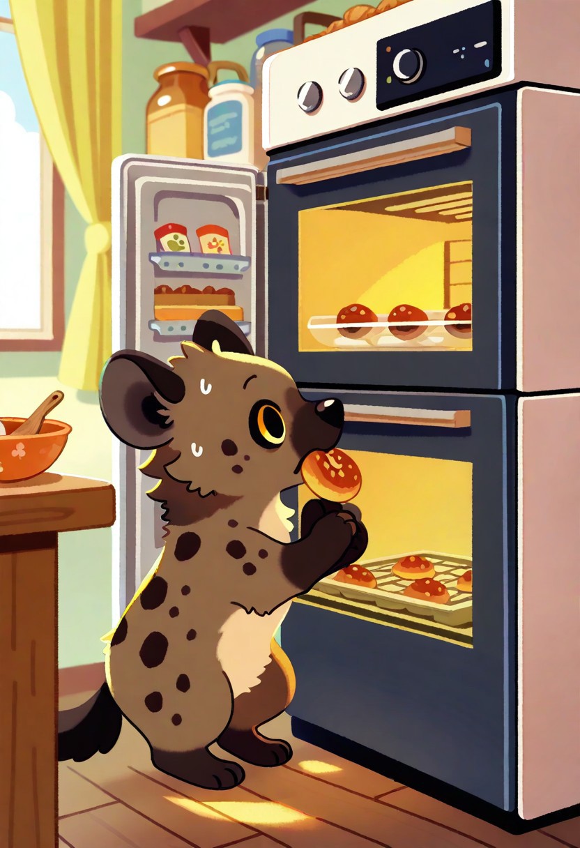 "(masterpiece, best quality, high quality, highres), very awa, highres, absurdres,
(naguru \(cyoroama\):0.9), (chii-kun \(seedyoulater\):0.7), pikaole, cute, 
(hyena:1.1),
(no humans:1.1), (cute:1.2), comfy, solo, cozy,
eating, sunny day, cozy kitchen, indoors, furniture, fridge, oven, sweets, hiding, scared, surprised, "