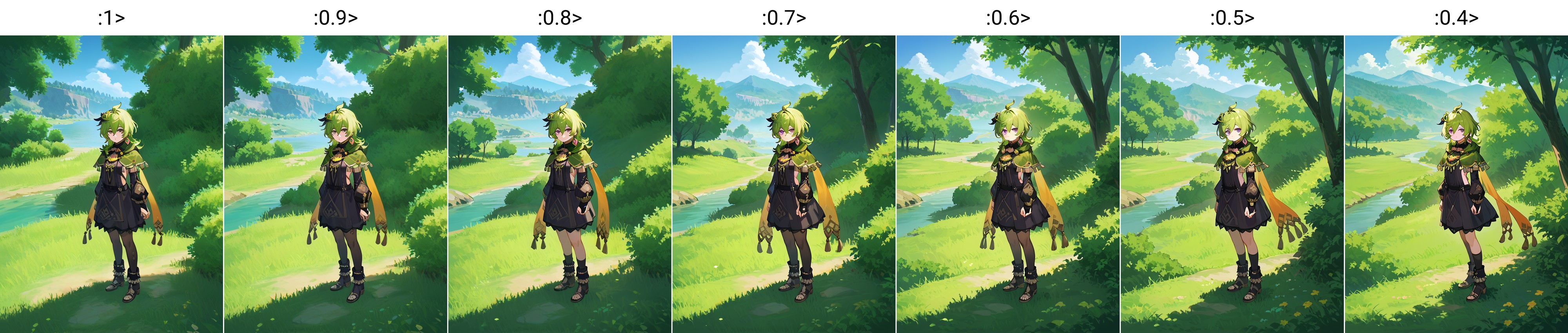 score_9, score_8_up, score_7_up, score_6_up, score_5_up, score_4_up, source_anime, official art, (1girl, solo, looking at viewer, full body, standing:1.2),  <lora:mondstadt_background-ponyxl-v11h:1>, field, mondstadt, outdoors, scenery, landscape, sky, cloud, nature, tree, grass, rock, bush, water, mountain,   <lora:Collei_v1-000010:0.9>, colleidef, green hair, medium hair, purple eyes, hair ornament, hair between eyes, ahoge, small breasts, earrings, single earring, jewelry, green capelet, black dress, detached sleeves, puffy long sleeves, backless dress, bridal gauntlets, crossed bangs