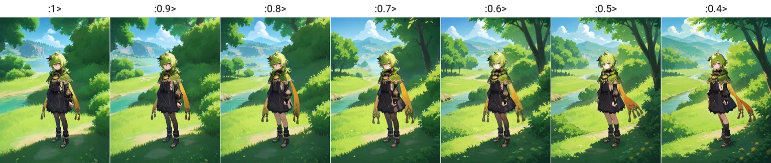 score_9, score_8_up, score_7_up, score_6_up, score_5_up, score_4_up, source_anime, official art, (1girl, solo, looking at viewer, full body, standing:1.2),  <lora:mondstadt_background-ponyxl-v11h:1>, field, mondstadt, outdoors, scenery, landscape, sky, cloud, nature, tree, grass, rock, bush, water, mountain,   <lora:Collei_v1-000010:0.9>, colleidef, green hair, medium hair, purple eyes, hair ornament, hair between eyes, ahoge, small breasts, earrings, single earring, jewelry, green capelet, black dress, detached sleeves, puffy long sleeves, backless dress, bridal gauntlets, crossed bangs