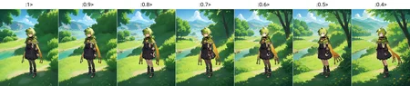 score_9, score_8_up, score_7_up, score_6_up, score_5_up, score_4_up, source_anime, official art, (1girl, solo, looking at viewer, full body, standing:1.2),  <lora:mondstadt_background-ponyxl-v11h:1>, field, mondstadt, outdoors, scenery, landscape, sky, cloud, nature, tree, grass, rock, bush, water, mountain,   <lora:Collei_v1-000010:0.9>, colleidef, green hair, medium hair, purple eyes, hair ornament, hair between eyes, ahoge, small breasts, earrings, single earring, jewelry, green capelet, black dress, detached sleeves, puffy long sleeves, backless dress, bridal gauntlets, crossed bangs