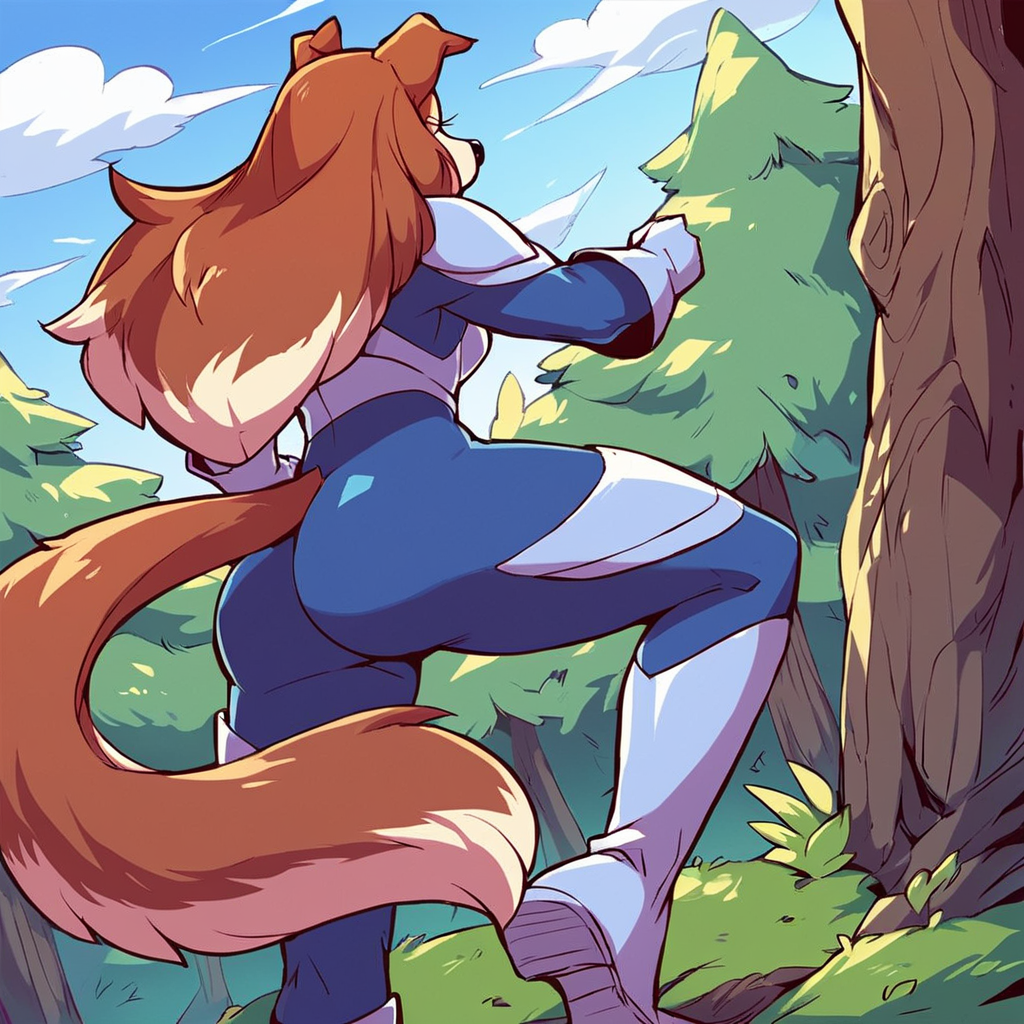 score_9, score_8_up, score_7_up, score_6_up, score_5_up, score_4_up, (Source furry), (rating safe),  <lora:ColleenXL:0.8>, 1girl, solo, simple background, brown hair, gloves, white background, animal ears, standing, tail, ass, boots, white gloves, from behind, bodysuit, leg up, dog girl, colleen, two-tone hair, two-tone fur, furry, furry female, long hair, large ass, outside, trees