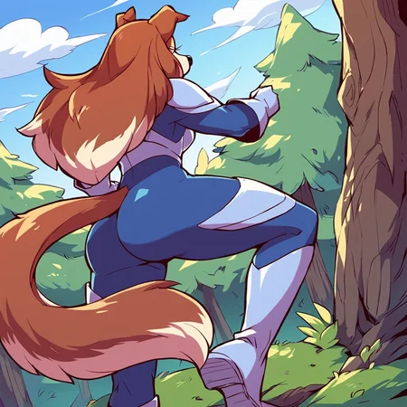 score_9, score_8_up, score_7_up, score_6_up, score_5_up, score_4_up, (Source furry), (rating safe), <lora:ColleenXL:0.8>, 1girl, solo, simple background, brown hair, gloves, white background, animal ears, standing, tail, ass, boots, white gloves, from behind, bodysuit, leg up, dog girl, colleen, two-tone hair, two-tone fur, furry, furry female, long hair, large ass, outside, trees