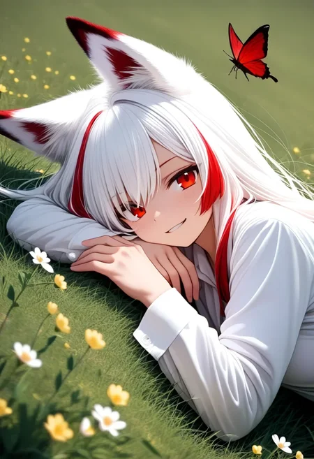 <lora:noobai_ep11_stabilizer_v0.178_fp16:1>1girl,fox ears,red hair,white hair,red eyes,multicolored hair,lying on grass field,upper body,on side,looking at viewer,shirt,long sleeves,smirk,red butterfly,depth of field,flower,masterpiece,