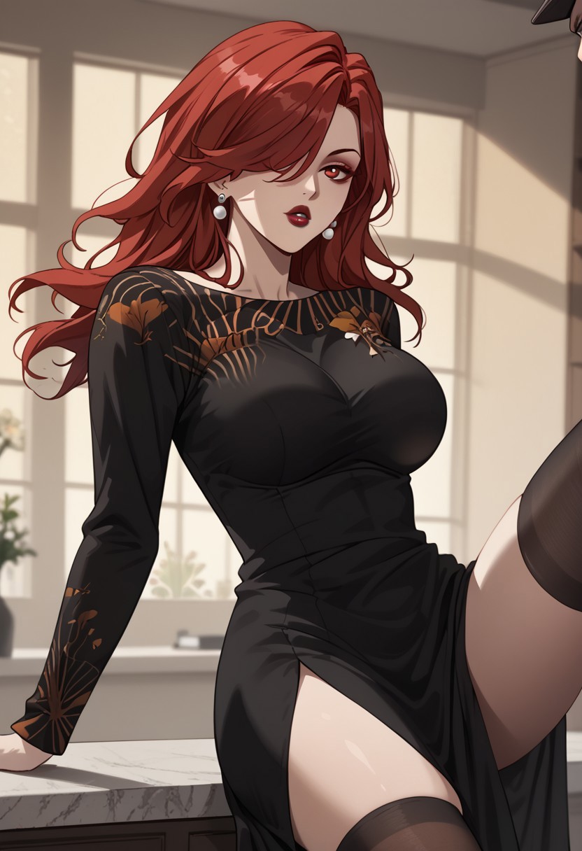 score_9, score_8_up, score_7_up, BREAK, YeHuan, long hair, red hair, hair over one eye, large breasts, red eyes, red lips, makeup, red nails, jewelry, earrings, black dress, print dress, tight dress, long sleeves, long dress, black thighhighs, leg raised, 1girl, solo,