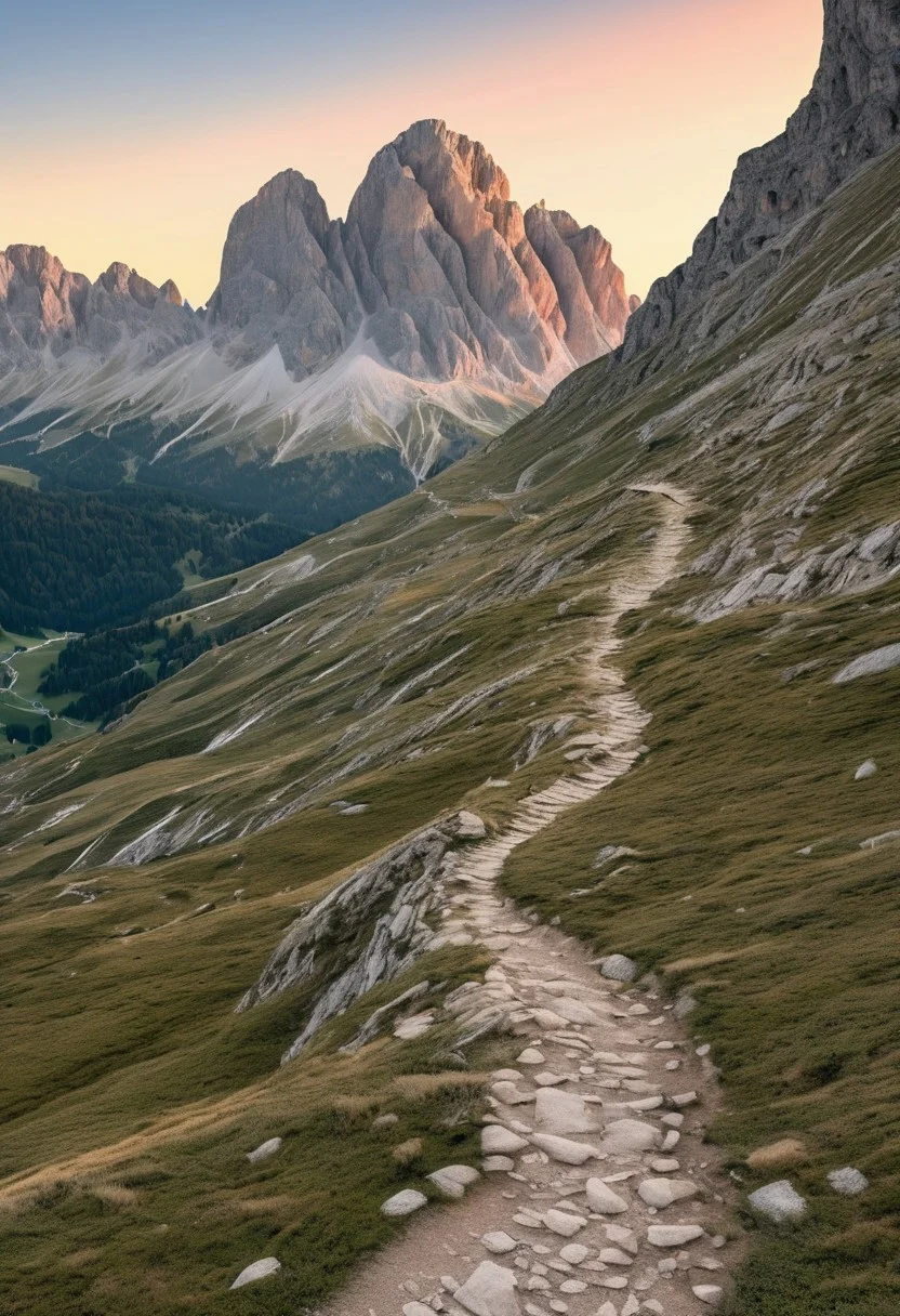 A photorealistic Dolomites scene with a winding mountain trail leading through rocky terrain, jagged peaks in the background, warm sunset light casting long shadows, a hiker in the distance, 8k resolution, ultra-detailed, adventure photography style, using Dolomites World Heritage LoRa