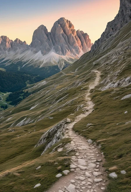 A photorealistic Dolomites scene with a winding mountain trail leading through rocky terrain, jagged peaks in the background, warm sunset light casting long shadows, a hiker in the distance, 8k resolution, ultra-detailed, adventure photography style, using Dolomites World Heritage LoRa