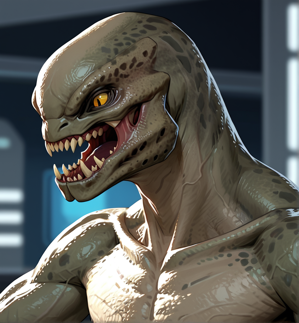safe_pos, score_9_up,score_8_up,score_7_up,score_6_up,score_5_up,score_4_up, masterpiece, high quality, digital painting, source_furry, source_monster,  source_alien, zPDXL3, BREAK,
spaceship, (blurry background), close up, portrait, long neck, ((three quarter view)), 
sangheili, elite,  grey skin, textured skin,  veins, ((((split jaw)))), mandibles, yellow eyes, slit pupil, sharp teeth, open mouth,  muscular
<lora:Sangeili_for_PonyXL_r1-000004:0.5>, <lora:AdvancedEnhancerXLv2:2>