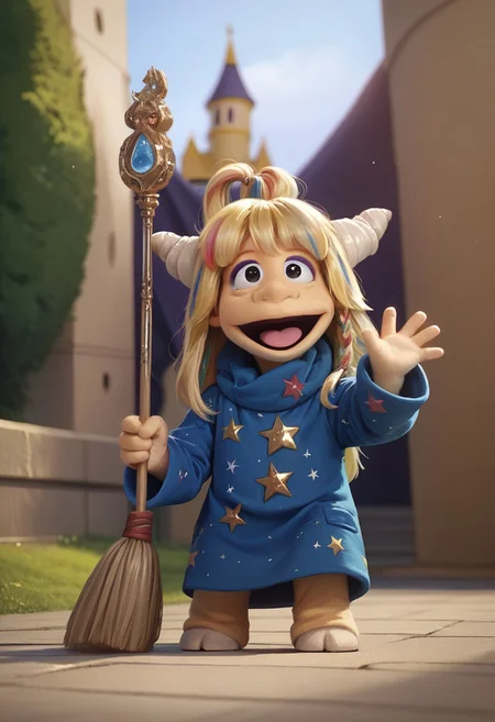 1girl, score_9, score_8_up, score_7_up BREAK Eureekaa, 1girl, blonde hair, multicolor hair streaks, ponytail, horns, black eyes, purple eyeshadow, long blue starry robe, standing, holding broom and sweeping the ground, outside of castle, looking up and smiling at viewer, full body, happy eyes, happy smile,