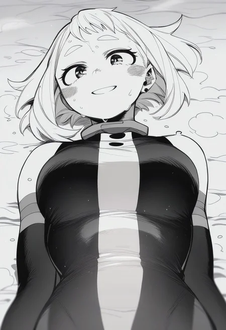 flatshinyskin, score_9, score_8_up, score_7_up , 1girl, 1girl, mosaic censoring, smile, slight seductive pose,, medium breasts, sweating, breasts,, long skirt, 1girl, solo focus, Upper body, hands behind back,  wet, sweaty, sweating, steam, lying on back, low angle, under boobs, 
ochako_uraraka, 1girl, score_9, score_8_up, score_7_up, Monochrome,  MANGASTYLE ,bodysuit, solo focus, perfect body, curvey, thick waist, thick body, skin tight dress, , front view, front focus, looking at viewer, seductive expression, smile, teeth,  night dress, night grown