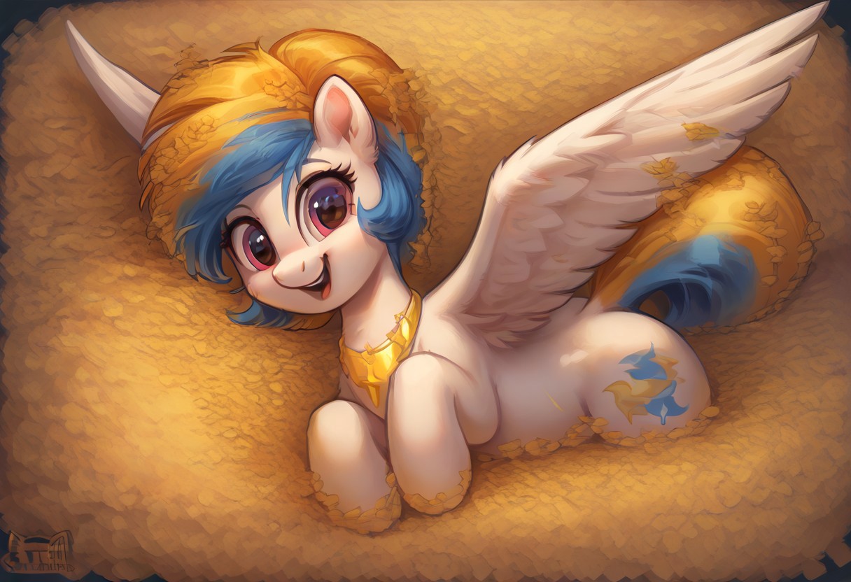 score_9, score_8_up, 4RCH0N,1girl, girl_focus, solo,golden feather, Blue streak hair, . Papaya Whip body, pegasus, pony, mlp, flowers. golden feather_among_the_flowers, smile, laugh, view_from_above, hand_on_hand, outdoors, furry, furry_female, tail, cute, face_focus, animal_ears, short_hair,Brilliant gamboge eyes, lying down