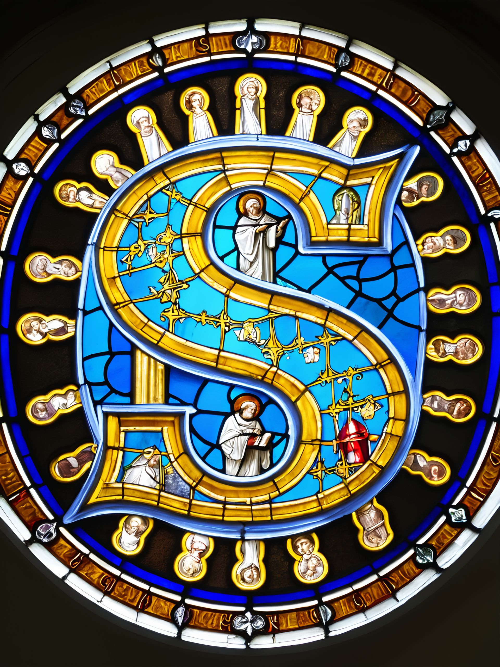 The letter S, surrounded by saints, stained glass window <lora:stained_glass_style_v1_sdxl:1>