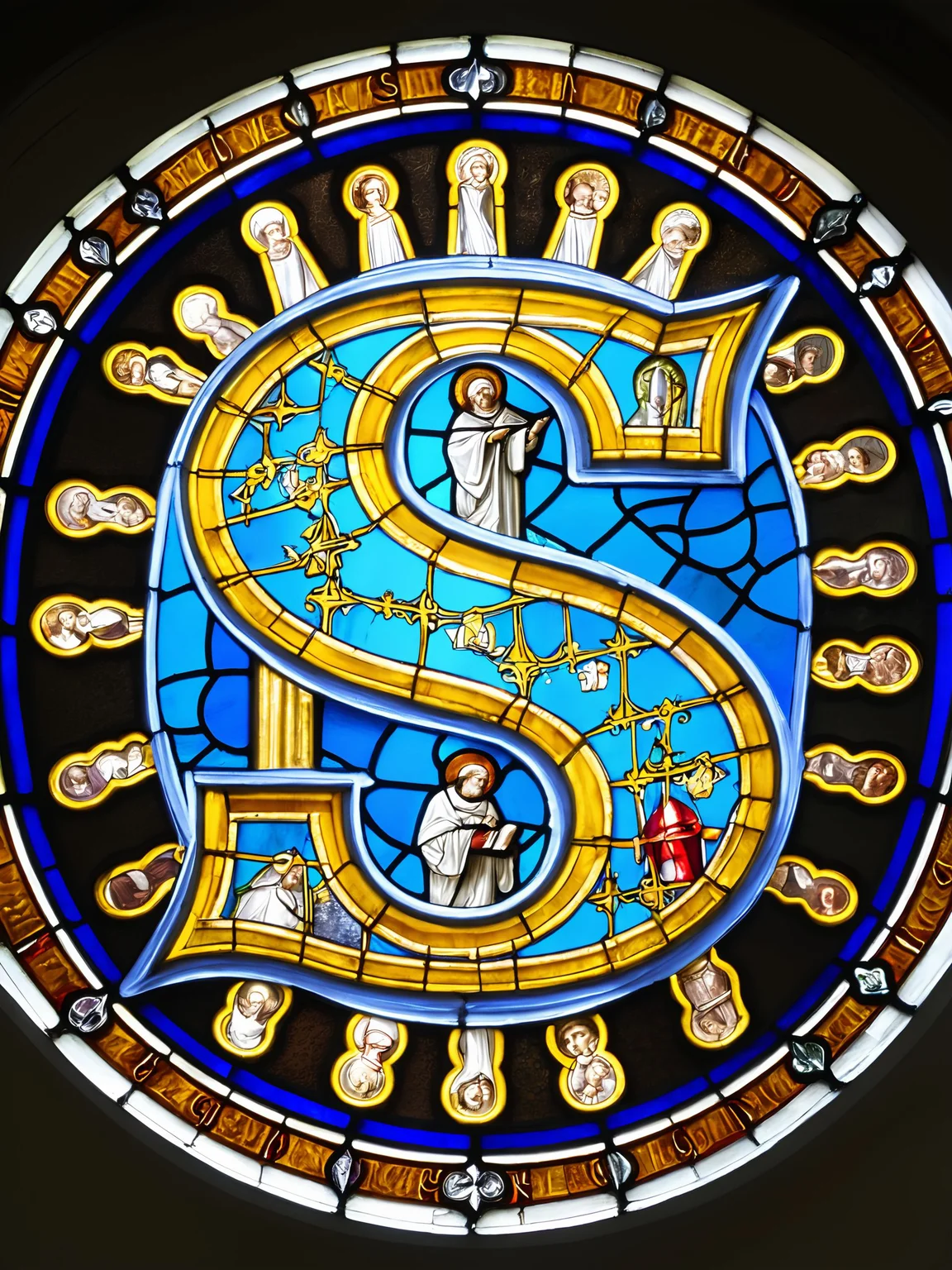 The letter S, surrounded by saints, stained glass window <lora:stained_glass_style_v1_sdxl:1>