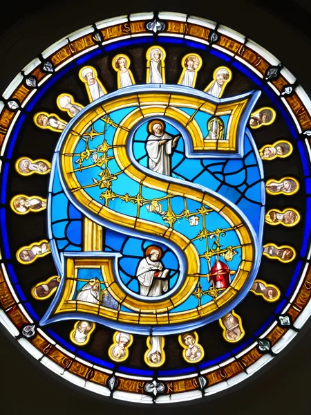 The letter S, surrounded by saints, stained glass window <lora:stained_glass_style_v1_sdxl:1>