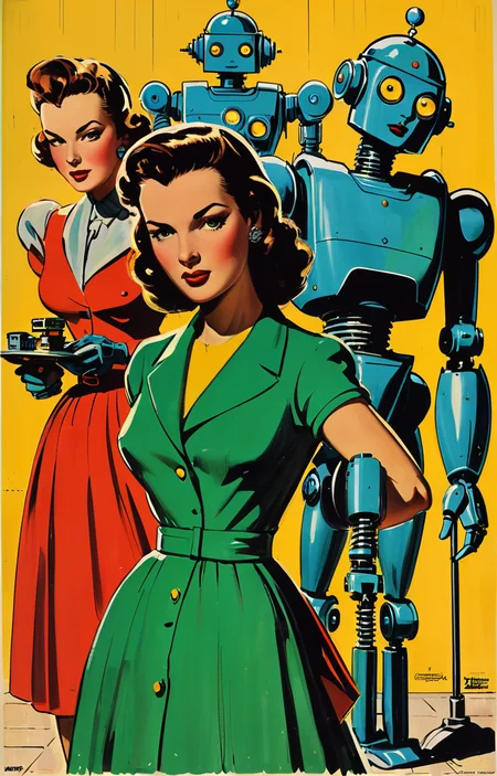 masterpiece,best quality,<lora:tbh369-sdxl:0.6>,illustration,style of Milton Caniff portrait of Housework robots