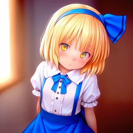 <lora:alice98ILL:1>,1girl,alice98,blonde_hair,yellow eyes,short hair,blue_hairband,hair_ribbon,blue_bow,bow,clothes,frills,shirt,sleeve,short_sleeves,suspenders,suspender skirt,, masterpiece, best quality, amazing quality, newest