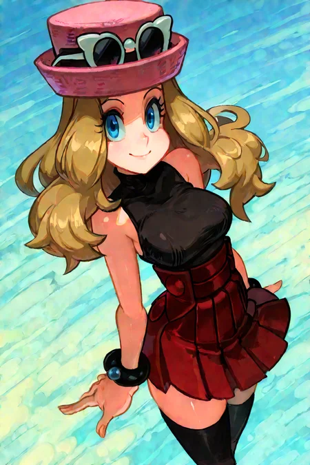 masterpiece, best quality, 1girl, solo, beautiful eyes, zzSerena, solo, long hair, blue eyes, eyewear on headwear, pink headwear, eyelashes, sleeveless shirt, black shirt, bracelet, high-waist skirt, red skirt, black thighhighs, <lora:SerenaPokemonIXL_v2:1.0>, <lora:AlexAhad_IXL_v1:1.0>, from above, dynamic pose, cowboy shot, smile, looking at viewer, shiny skin,