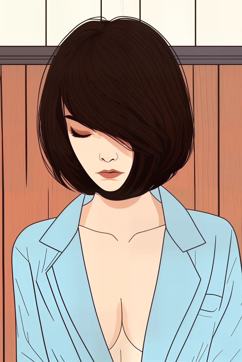 (masterpiece, best quality, high resolution:1.1), flat colors, black outlines, ((1girl, upper body, close-up:1.2), brown hair, bob haircut, detailed face, detailed eyes, soft smile, large breasts, large nipples, perfect body, naked), wooden interior, wooden hut, fire place, red couch, deco, warm light, window, snow, night, dark