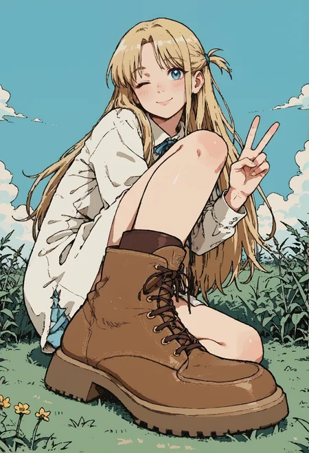 score_9, score_8_up, score_7_up, 1girl, blue sky, clouds, grass, sunny, blonde hair, long hair, blue eyes, smiling, closed mouth, peace sign, wink, one closed eye, white dress, <lora:dcr34sed-c0l0ring-20:0.8>, dcr34sed_c0l0ring,  <lora:showinshoes:0.75> hud_sh03_sh0w, foreshortening, looking at viewer, brown boots