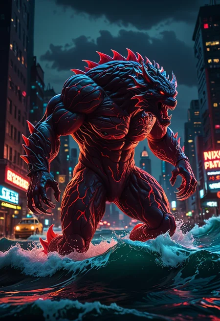 cinematic film still of (3d scene of nxzskzt, neon, 3d, octane render, neon lighting, neon theme), Red Academia aesthetic, a giant monstrous creature rising from the ocean depths is attacking a city in the distance, bright colors, stunning background. dark and moody, a mesmerizing blend of light and shadow. masterpiece, absurdres, intricate details <lora:Midjourney_Isometric:0.8>, shallow depth of field, vignette, highly detailed, high budget, bokeh, cinemascope, moody, epic, gorgeous, film grain, grainy