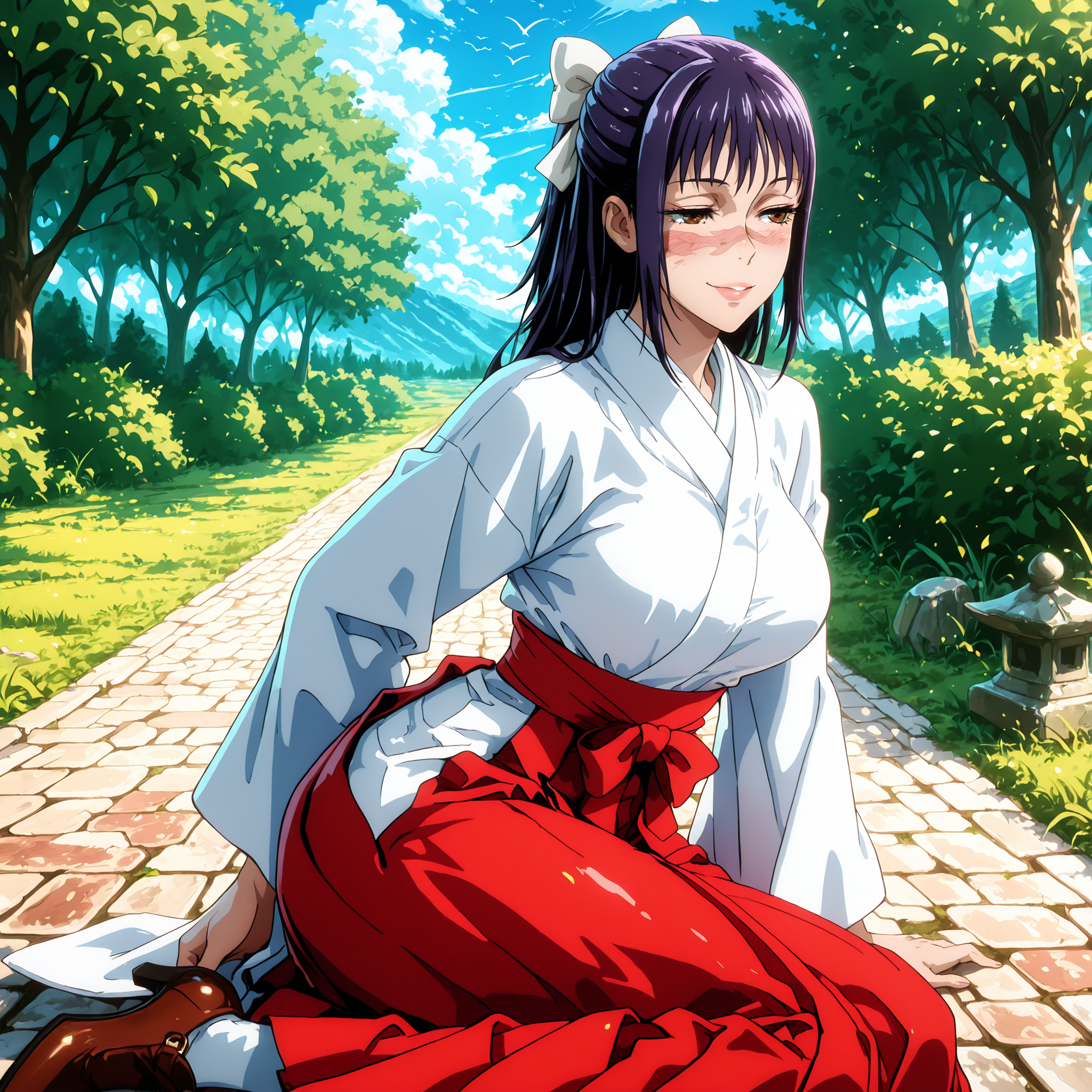 <lora:Utahime_Iori_ILXL:1> iori utahime, long hair, purple hair, half updo, white bow, hair bow, sidelocks, wispy bangs, brown eyes, scar on face, japanese clothes, miko, long sleeves, wide sleeves, white kimono, hakama, hakama pants, red pants, brown footwear
garden, forest, trees, grass, stone road, blue sky, clouds, birds,
solo, undressing, magical, explicit, 
skinny, high heels, large breasts, shiny skin, masterpiece, best quality, detailed face, detailed hands, detailed torso, highest resolution, high res, absurd res, blush, Highly detailed eyes, prominent pupils, highly detailed lips, long eyelashes, ambient lighting, taking clothes off, sexy pose, naughty smile,
<lora:SexyWaifuLicious:0.5>
<lora:illustriousXL_stabilizer_v1.72:0.3>
<lora:Detailer_NoobAI_Incrs_v1:1>
<lora:dark_art_style_illustriousXL:0.5> dark_art_style