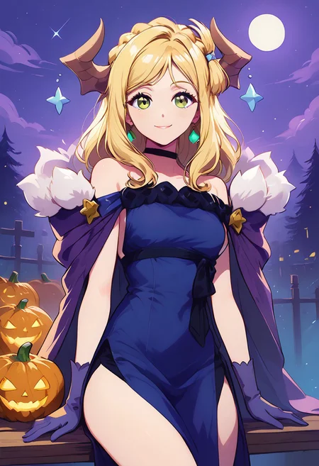 score_9, score_8_up, score_8, medium breasts, (curvy), cute, eyelashes, sitting on bench, side view, smile, looking at viewer, ,,,
MariMari, green eyes, blonde hair, demon horns, long hair, crown braid, blue dress, purple gloves, bare shoulders, purple cape, off-shoulder dress, side slit, black choker, fur trim,
(pumpkins), night, stars,
cowboy shot, BREAK, BREAK, embedding:zPDXL, Expressiveh, <lora:CatalystStylePDXL:0.3>, <lora:SDXLFaeTastic2400:0.5>, <lora:Expressive_H-000001:0.4>,