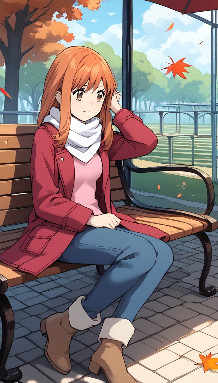 laSaki, score_9, score_8_up, score_7_up, score_6_up, score_5_up, score_4_up, source_anime, masterpiece, best quality, BREAK, 1girl, solo, long hair, brown eyes, orange hair, small breasts, BREAK, pink sweater, pants, blue pants, boots, brown footwear, red coat, open coat, scarf, white scarf, BREAK, sitting, bench, park, hair floating in wind, looking aside, adjusting hair, behind ear, happy expression, lush green trees, soft sunlight filtering through leaves, colorful autumn leaves scattered on the ground, distant walking path, calm pond reflecting the sky, gentle breeze, birds perched on branches, warm and peaceful atmosphere