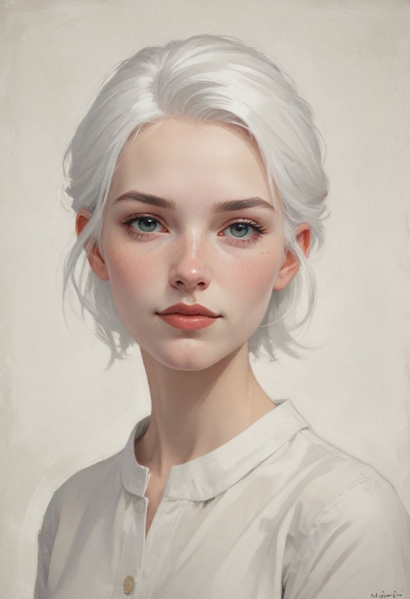 minimalist illustration, one woman, joyfully smile, white hair, seductive, charming woman, charmful looking, captivating, minimalist, slender frame, detailed, headshot, painterly , style of malcolm liepke
