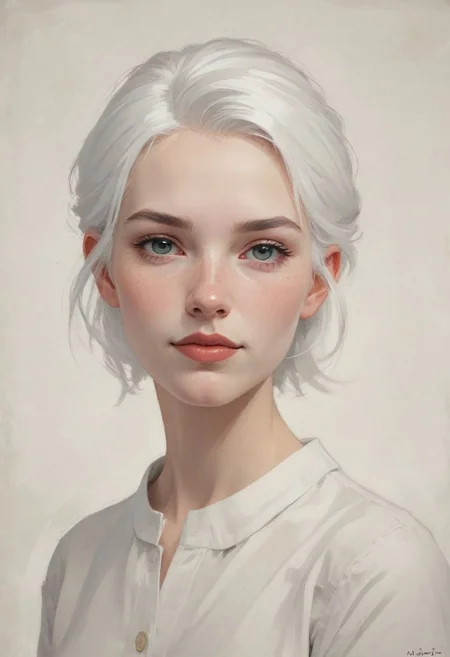 minimalist illustration, one woman, joyfully smile, white hair, seductive, charming woman, charmful looking, captivating, minimalist, slender frame, detailed, headshot, painterly , style of malcolm liepke