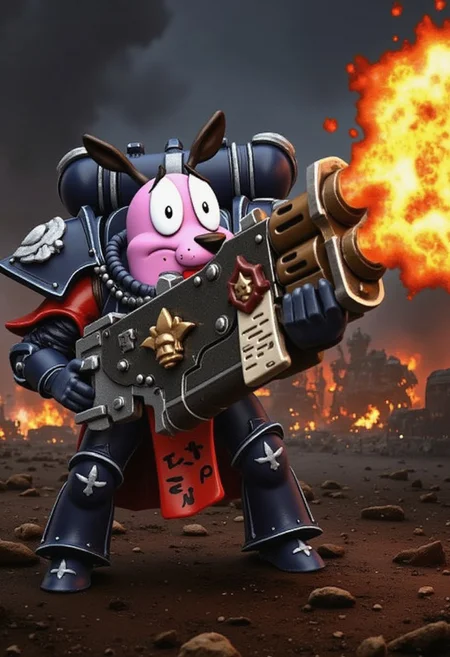 A Warhammer 40k Space Marine standing in the midst of a chaotic battlefield, wielding a massive heavy flamer spewing torrents of flames. Instead of the usual helmet, the Space Marine has the pinkish-purple head of Courage, the Cowardly Dog, with his signature wide-eyed, panicked expression. The battlefield is dark and apocalyptic, with explosions, smoke, and debris swirling around. The Space Marine's armor is intricately detailed and battle-worn, contrasting humorously with Courage's cartoonish, pinkish-purple head. Render the entire scene in 4K with masterpiece-level detail, capturing the intense atmosphere and the absurdity of Courage's terrified face on the imposing Space Marine's body. Courage is screaming with mouth open